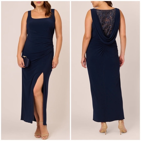 New Adrianna Papell Sleeveless Jersey Gown Embellished Lace Cowl Back Midnight - Picture 1 of 15
